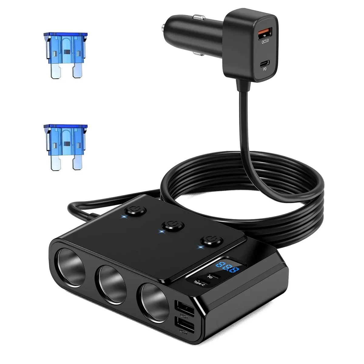 Scosche D13 9-in-1 Car Adapter 150W PD 30W QC 3.0 12V/24V 3.3ft Cable — product photo