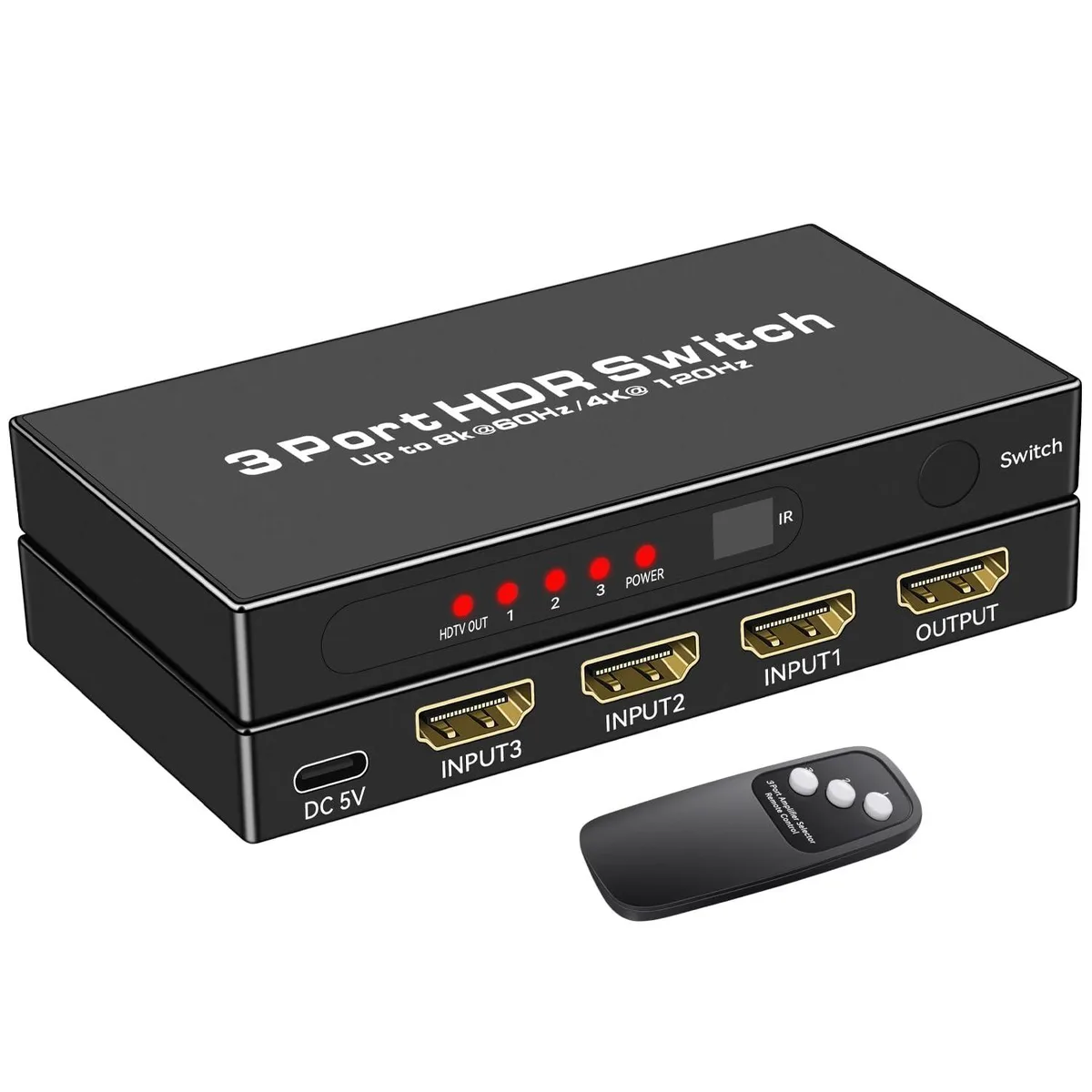 Small black box with three HDMI inputs one output and IR remote
