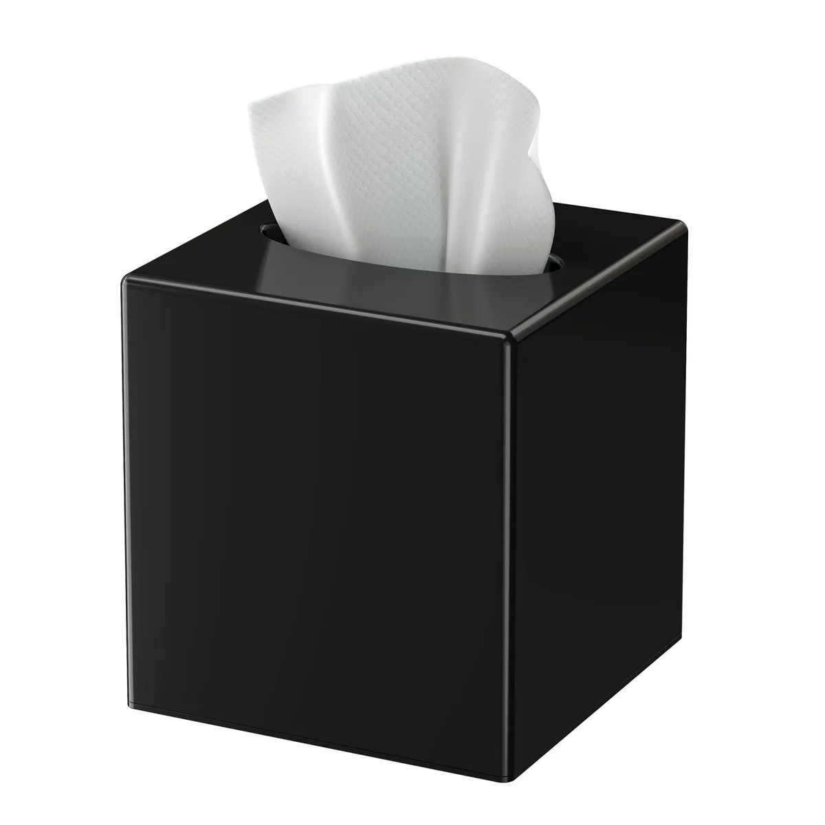Square black plastic tissue box cover with glossy finish and weighted non-slip base