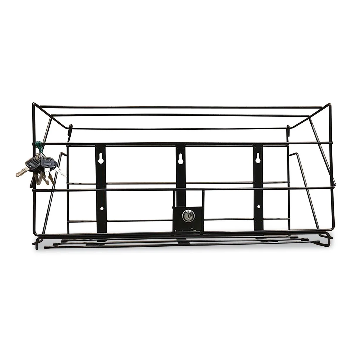Black wire locking rack holds three 3 liter bottles wall mount 24wx10dx12h