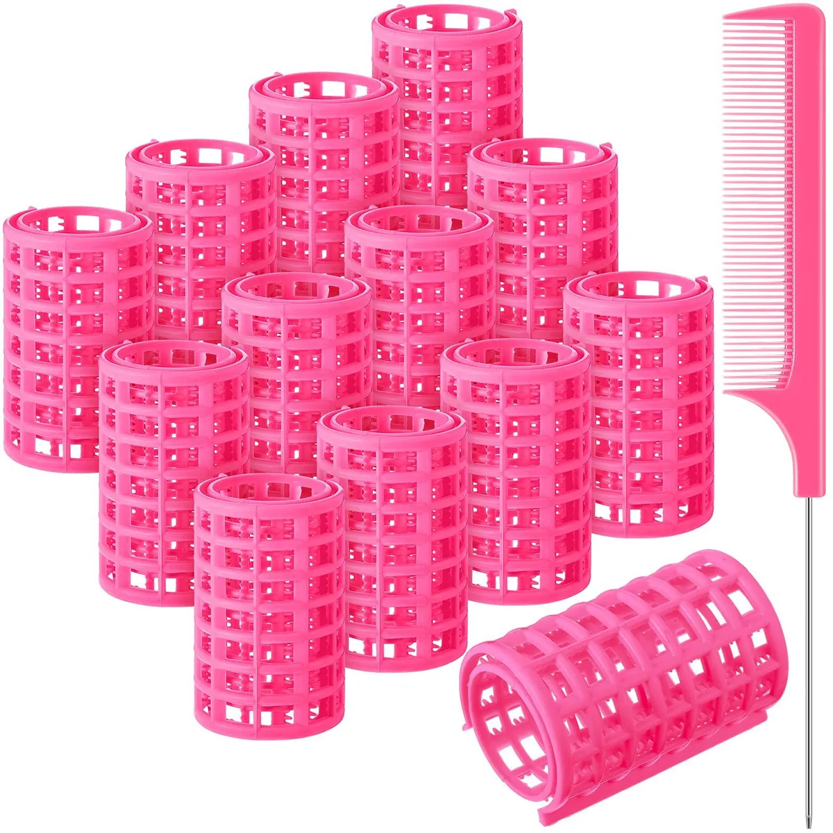 Twelve pink plastic hair rollers and a rat-tail comb on a light background