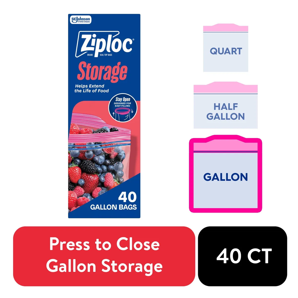 Clear gallon-size plastic storage bags with zipper seal, 40 count