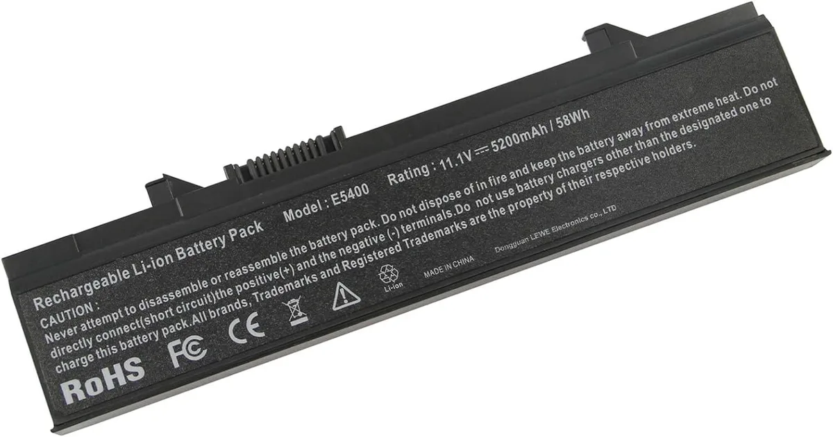 Rectangular black laptop battery with label showing 11.1V 58Wh