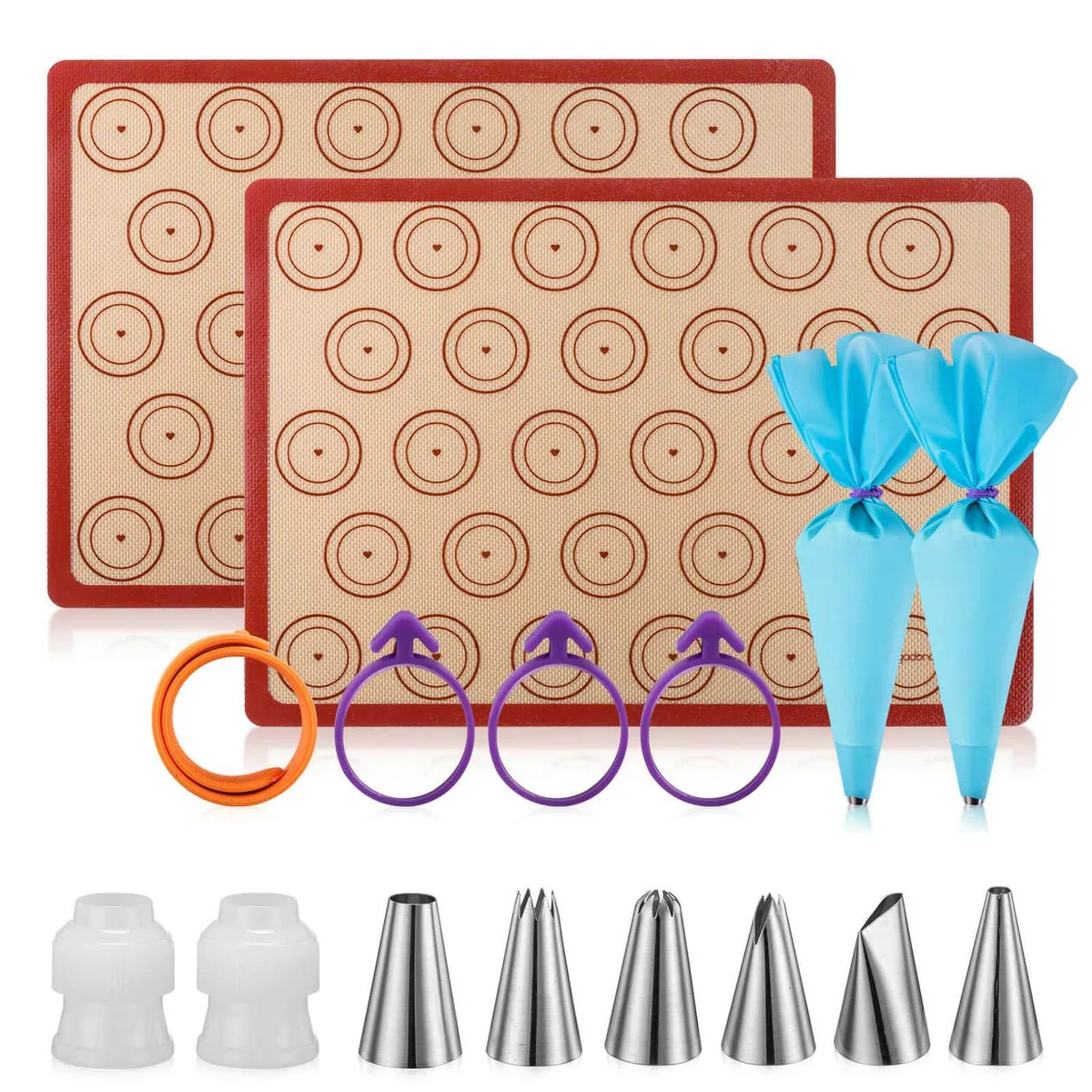 Blue silicone macaron mats with piping tips and bags