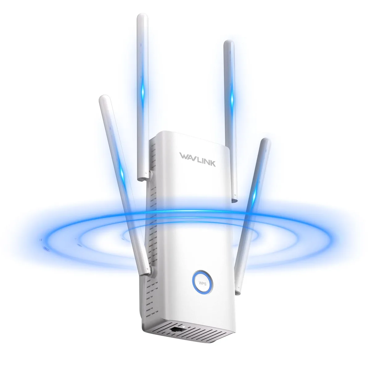 White rectangular Wi-Fi 6 range extender with four adjustable external antennas and one internal antenna