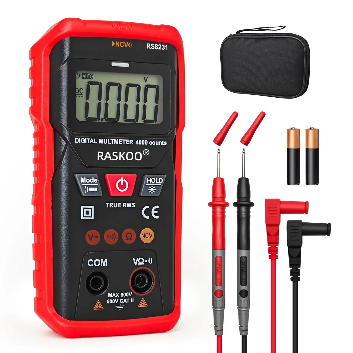Compact orange digital multimeter with silicone cover and test leads, 4.06 oz