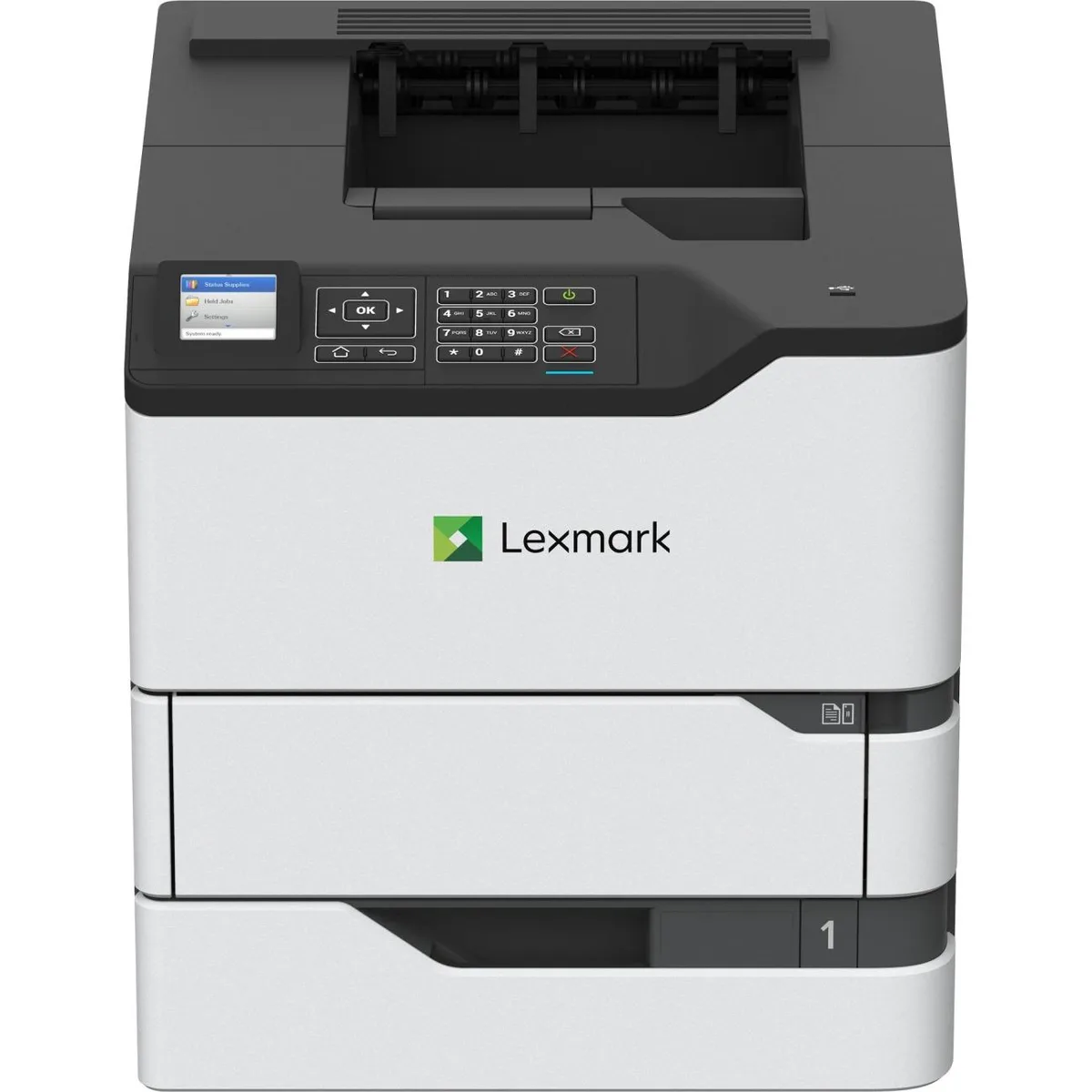 Rectangular grey office laser printer with front paper tray and control panel