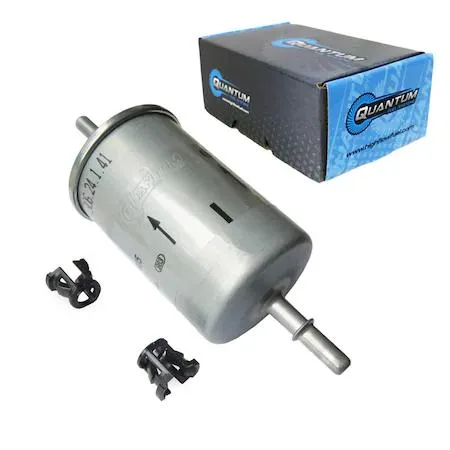 Quantum HFP-F110 fuel filter, silver metal canister with hose barbs