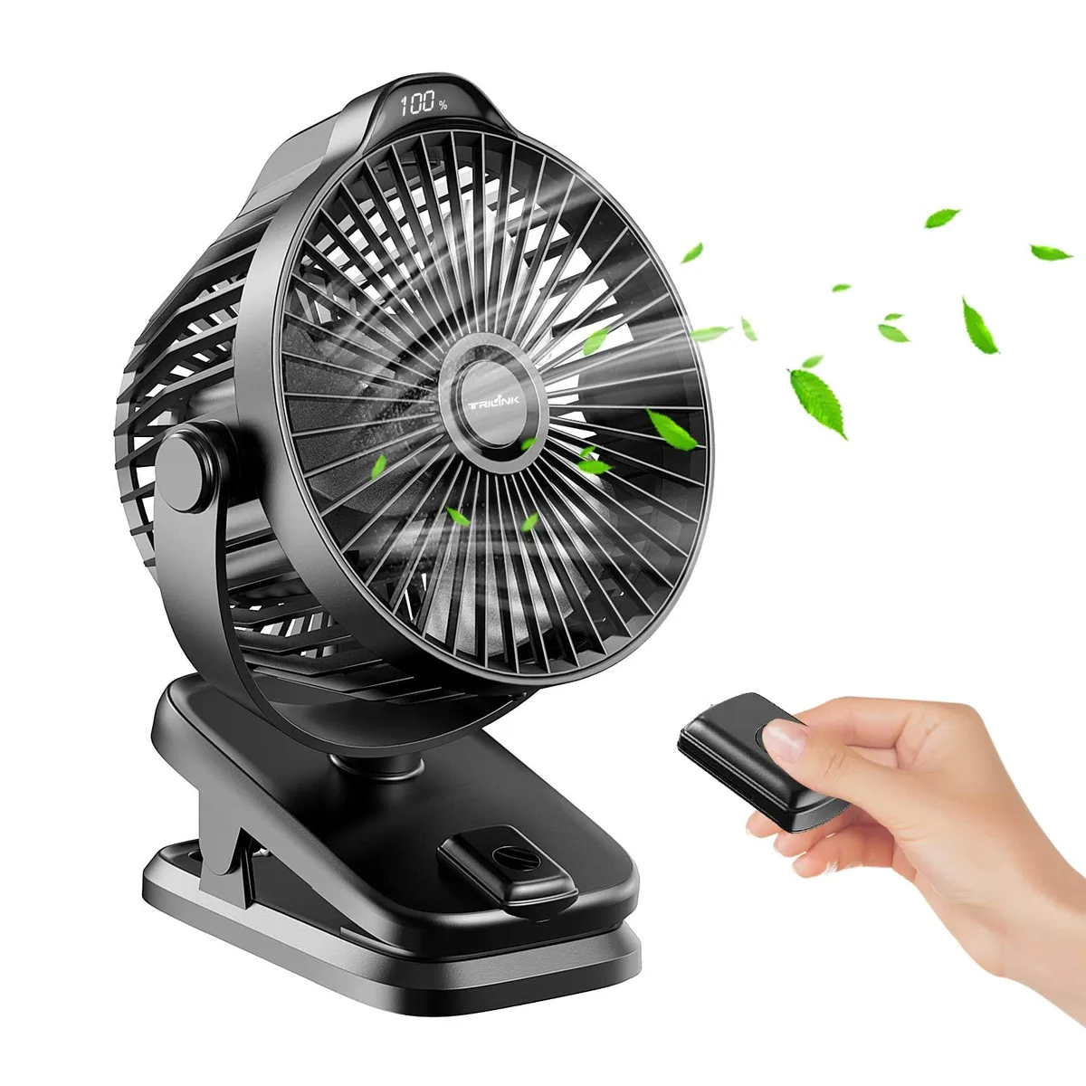 Black plastic clip fan with remote on base, 5 inch blades, USB-C rechargeable, 8000mAh battery