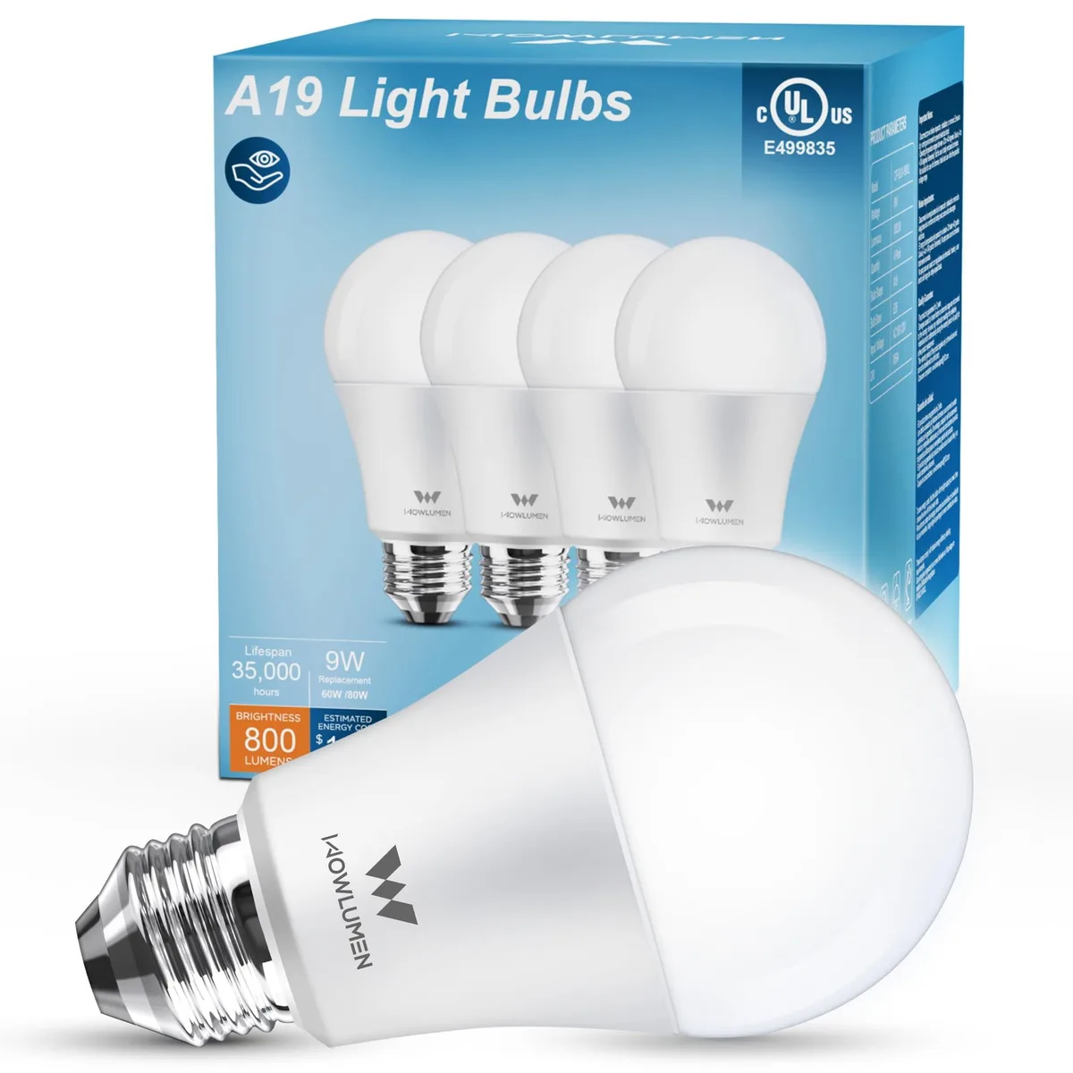 WOWLUMEN A19 LED Light Bulb 9W E26 5000K 800LM 4 Pack — product photo