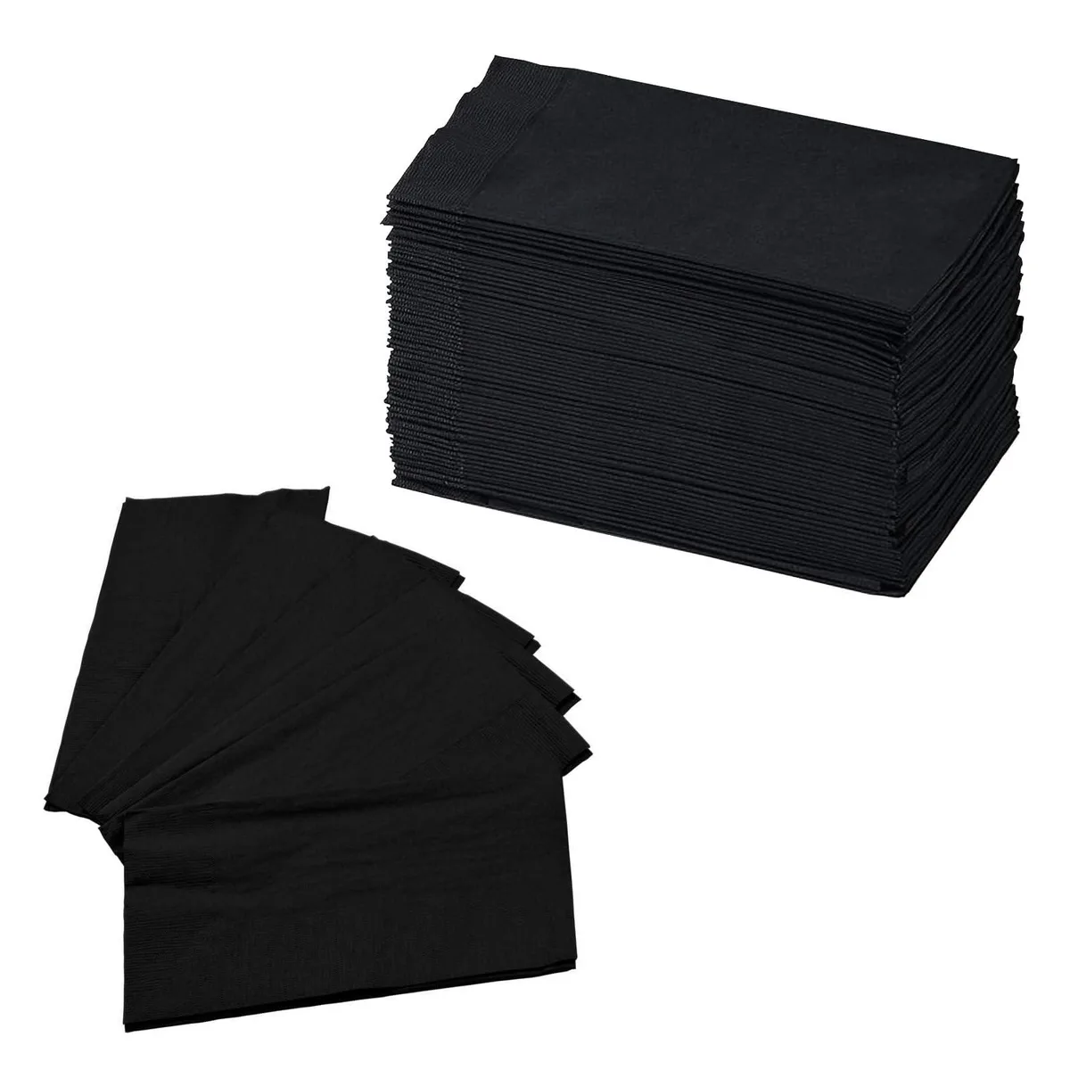 Stack of black paper dinner napkins in rectangular packaging