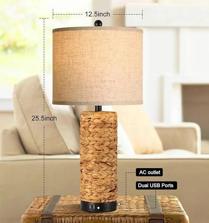 Two brown table lamps with round fabric shades and textured resin bases