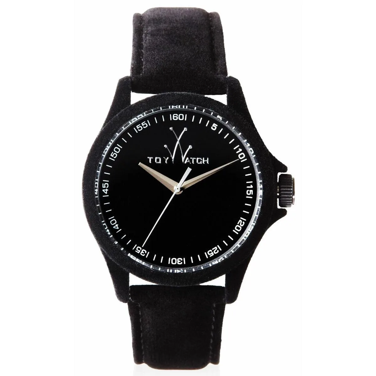 Black stainless steel watch with leather strap and black dial