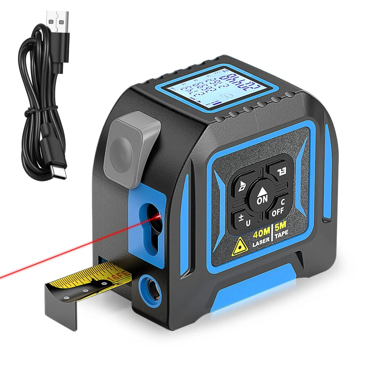 Compact 2-in-1 laser tape measure with 16 ft tape and 130 ft laser, USB-C rechargeable, backlit display, belt clip