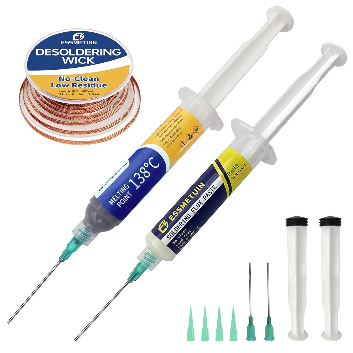 Solder paste syringe, flux bottle and desoldering wick spool