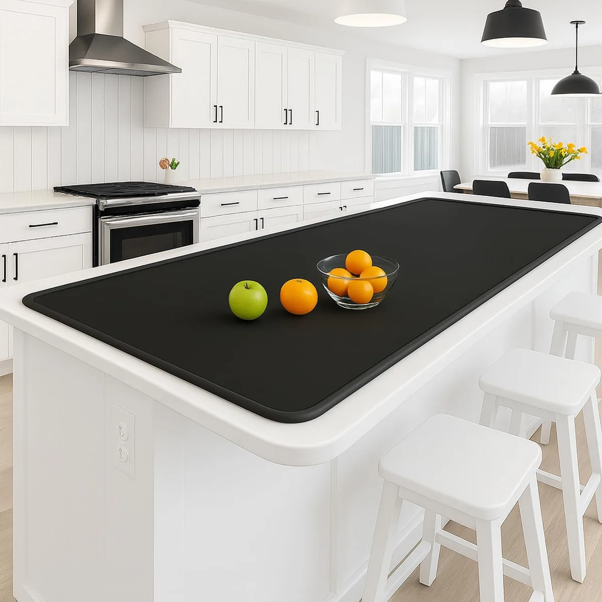 Large black silicone countertop mat with raised edges, rectangular shape, smooth matte finish