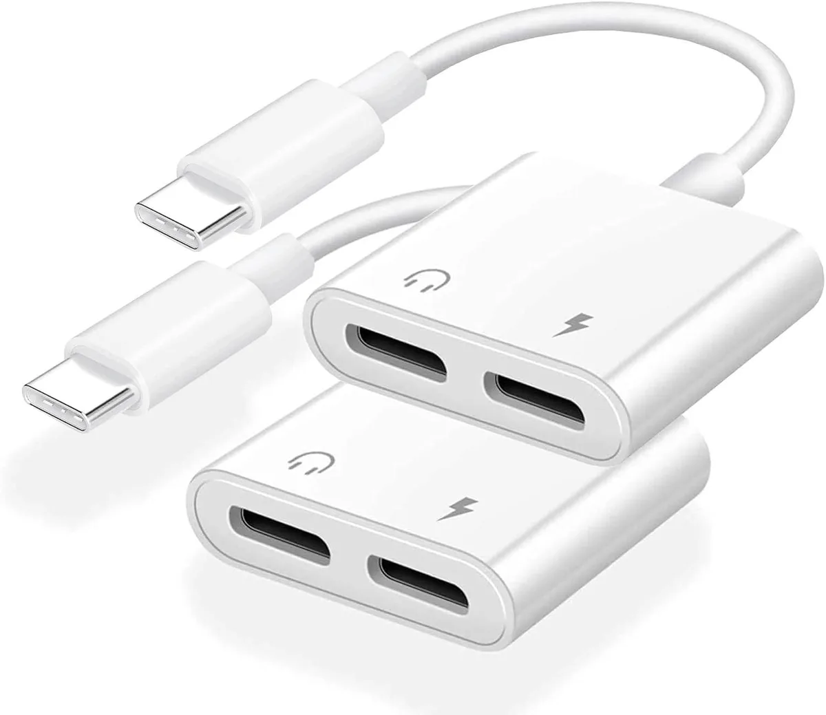 Two black USB-C splitter dongles with short cables, each showing a charging port and a headphone jack