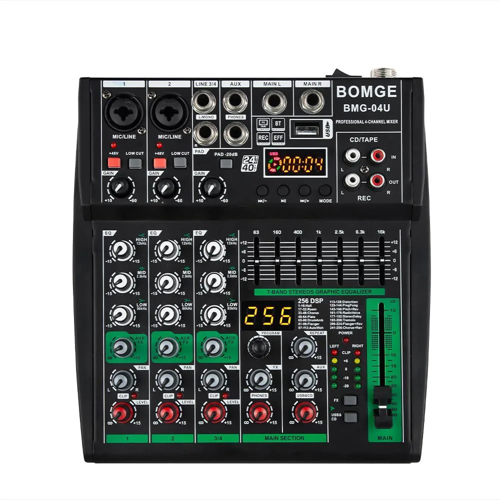 Numark 4-channel DJ mixer with Bluetooth, 256 DSP, 48V phantom power — product photo