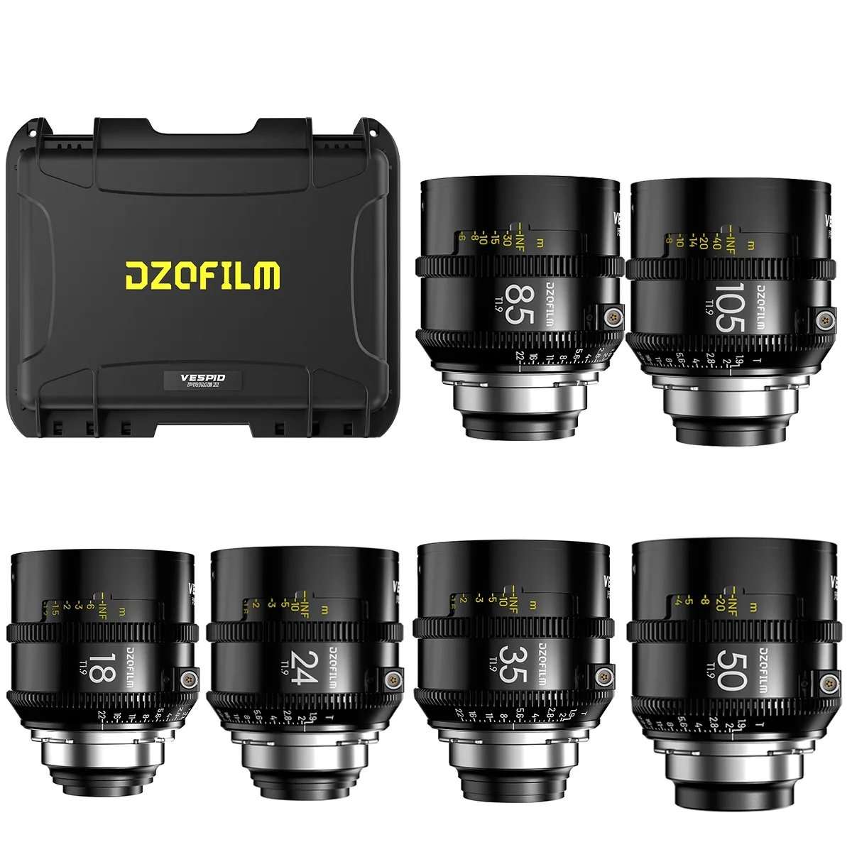 DZOFILM DZOFILM Vespid2 Prime Cinema 6-Lens Kit 18mm 24mm 35mm 50mm 85mm 105mm T1.9 PL Mount — product photo
