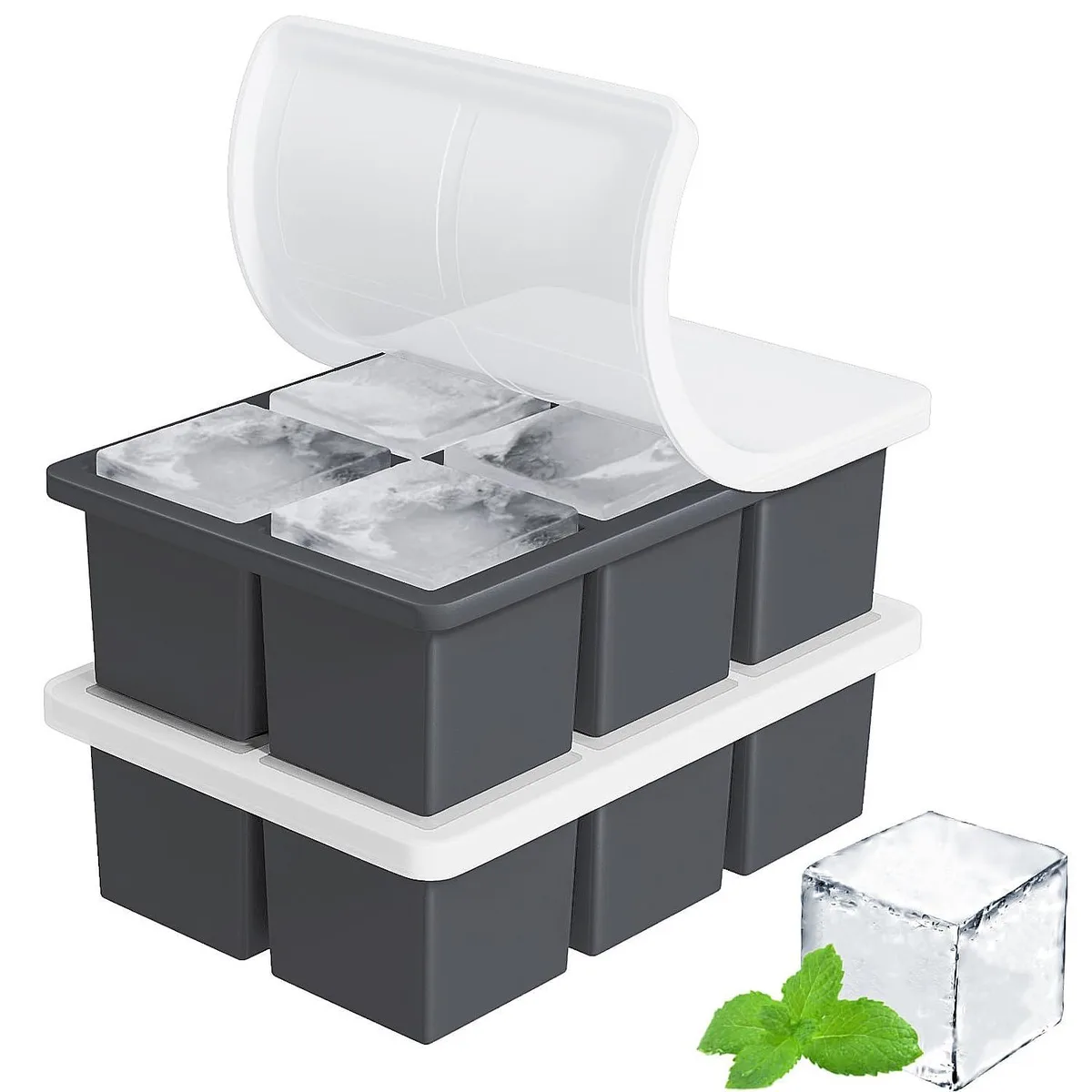 Two black silicone ice cube trays with lids, each forming six large square cubes, twelve total