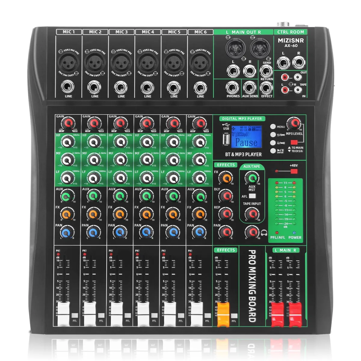  MIZISNR AX-60 6 Channel Audio Mixer Bluetooth 48V Phantom Power — product photo