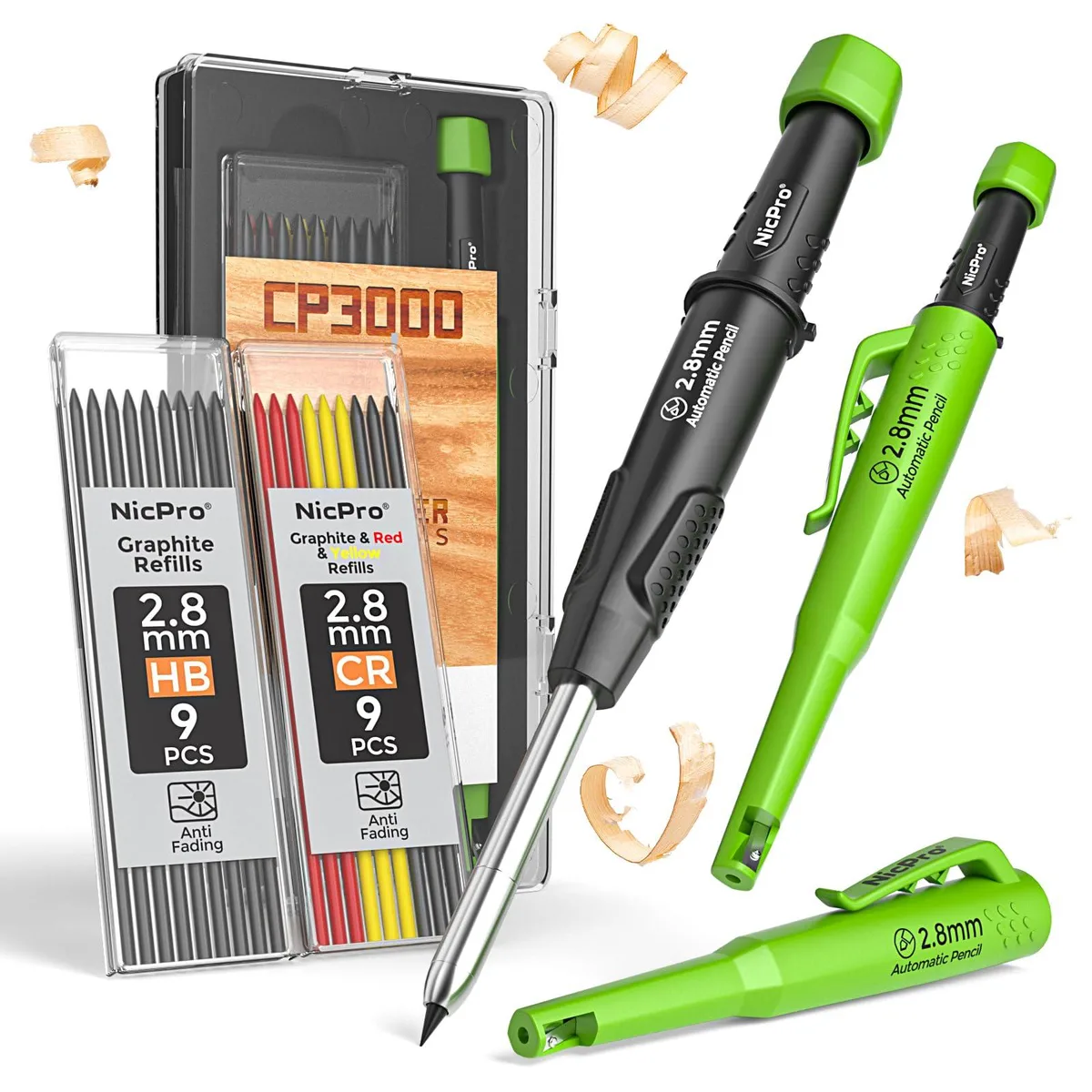 Blue carpenter mechanical pencil with integrated sharpener and protective sleeve, 19 refills included