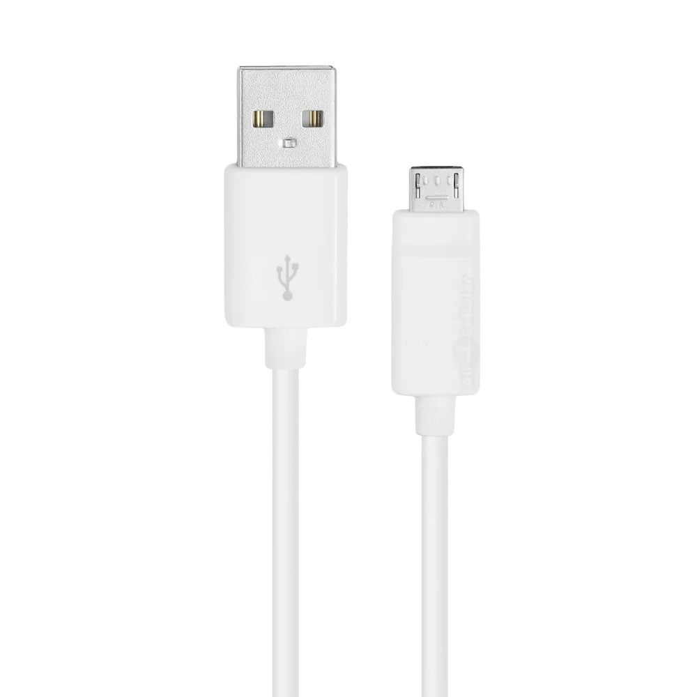 White LG Micro USB 2.0 data cable coiled in a loose loop showing the flat Micro USB plug and standard USB-A connector on a light