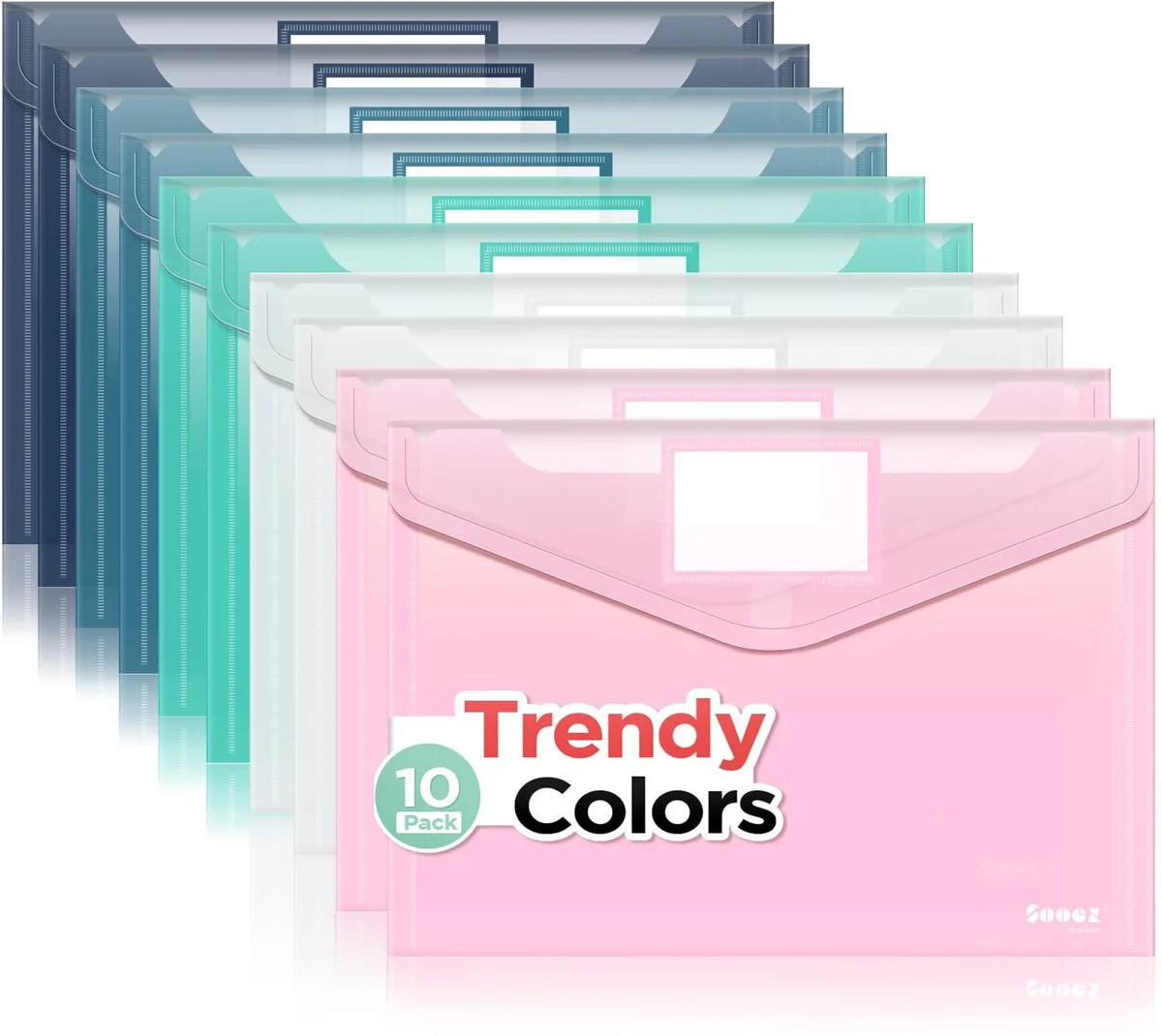 Ten clear polypropylene A4 folders with label pockets, 200 sheets capacity
