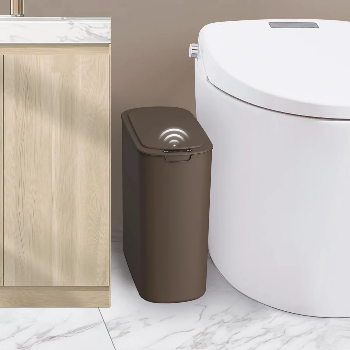 Three slim white plastic sensor bins with lids, 2.6 gallon each