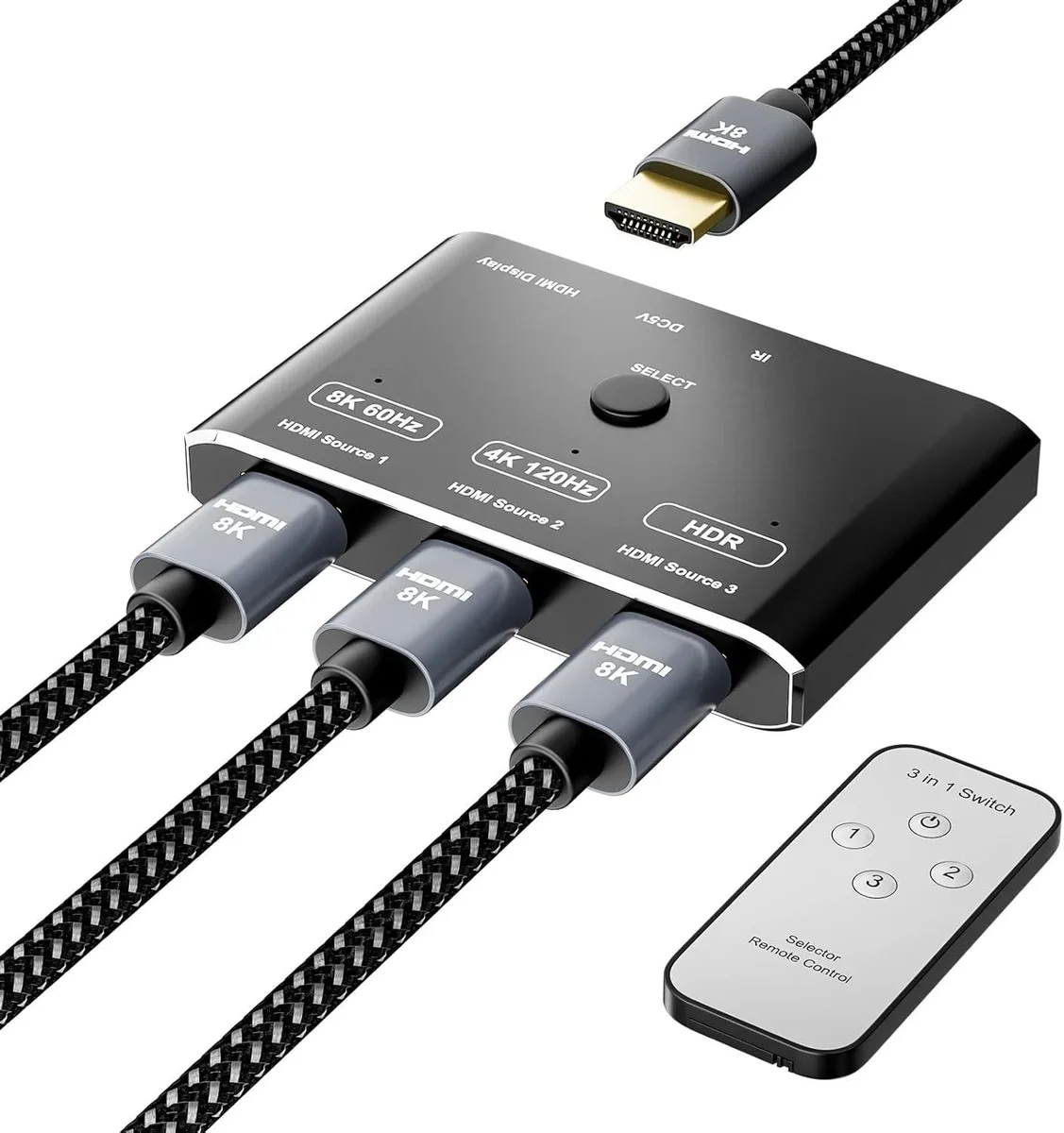 CableDeconn CableDeconn 3 Port HDMI 2.1 HDR 3In 1Out 8K Switcher Remote Control Directional 48Gbps 3D Video Converter — product photo