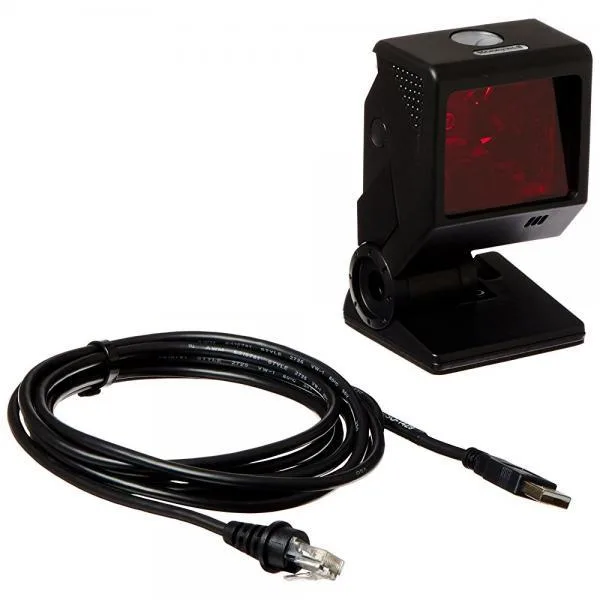 Black handheld laser barcode scanner with coiled cable