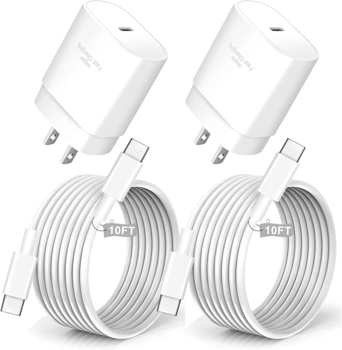 Two compact white USB-C wall chargers with a long white cable coiled beside them