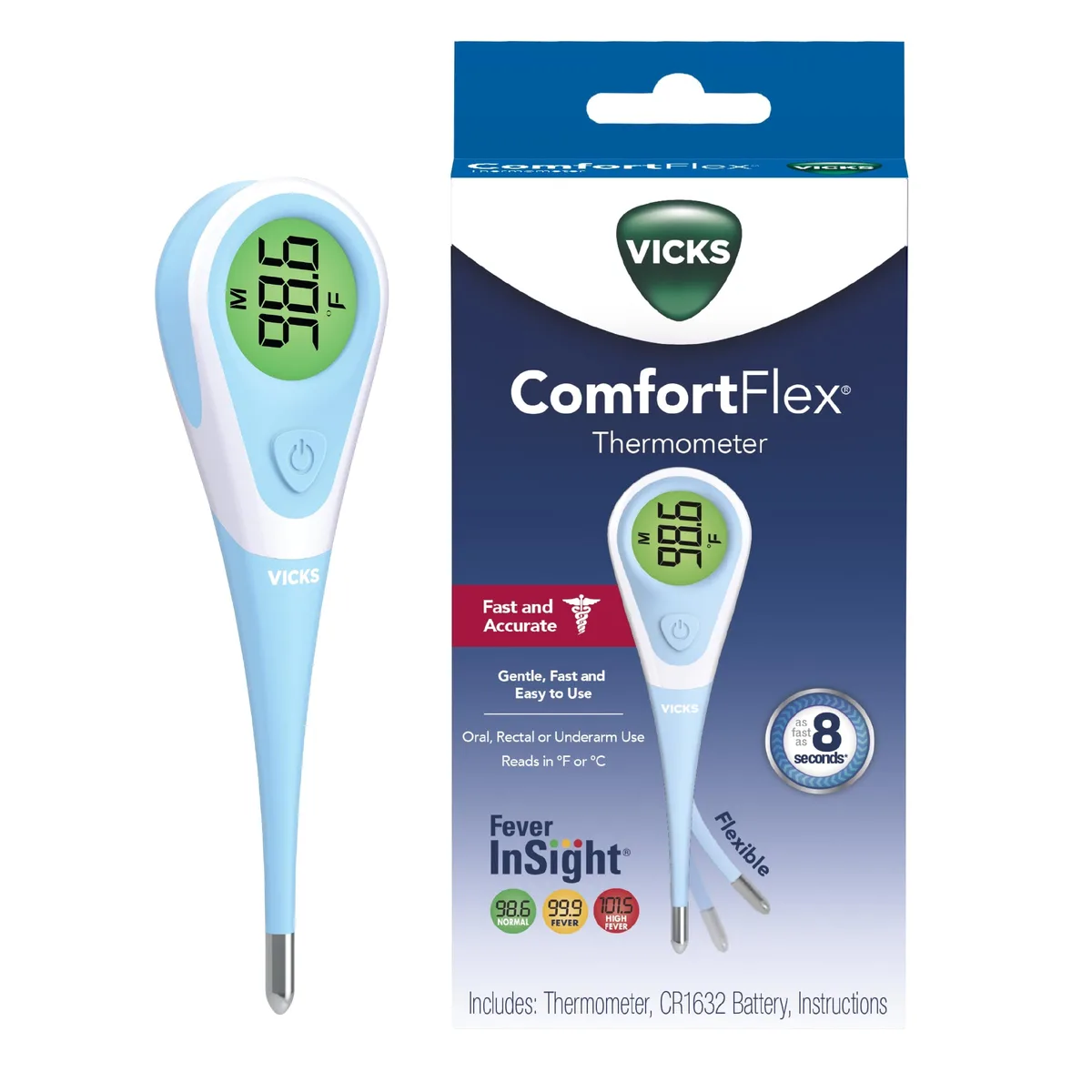White digital thermometer with green, red and yellow color-coded fever indicator and flexible tip