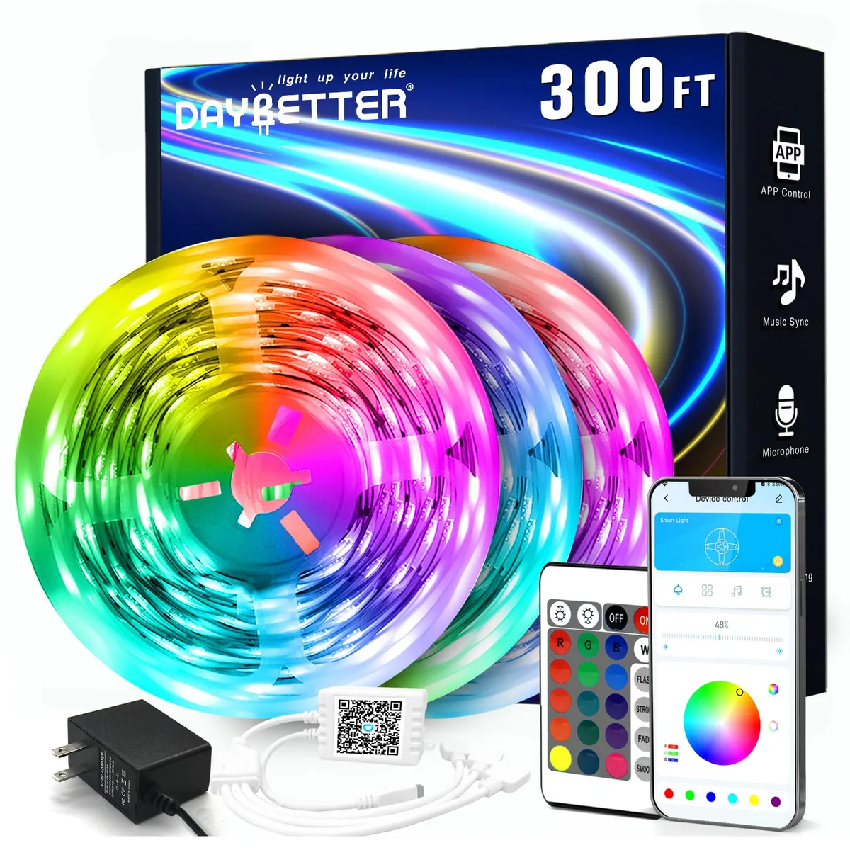 Three rolls of multicolor LED strip lights with remote and power supply