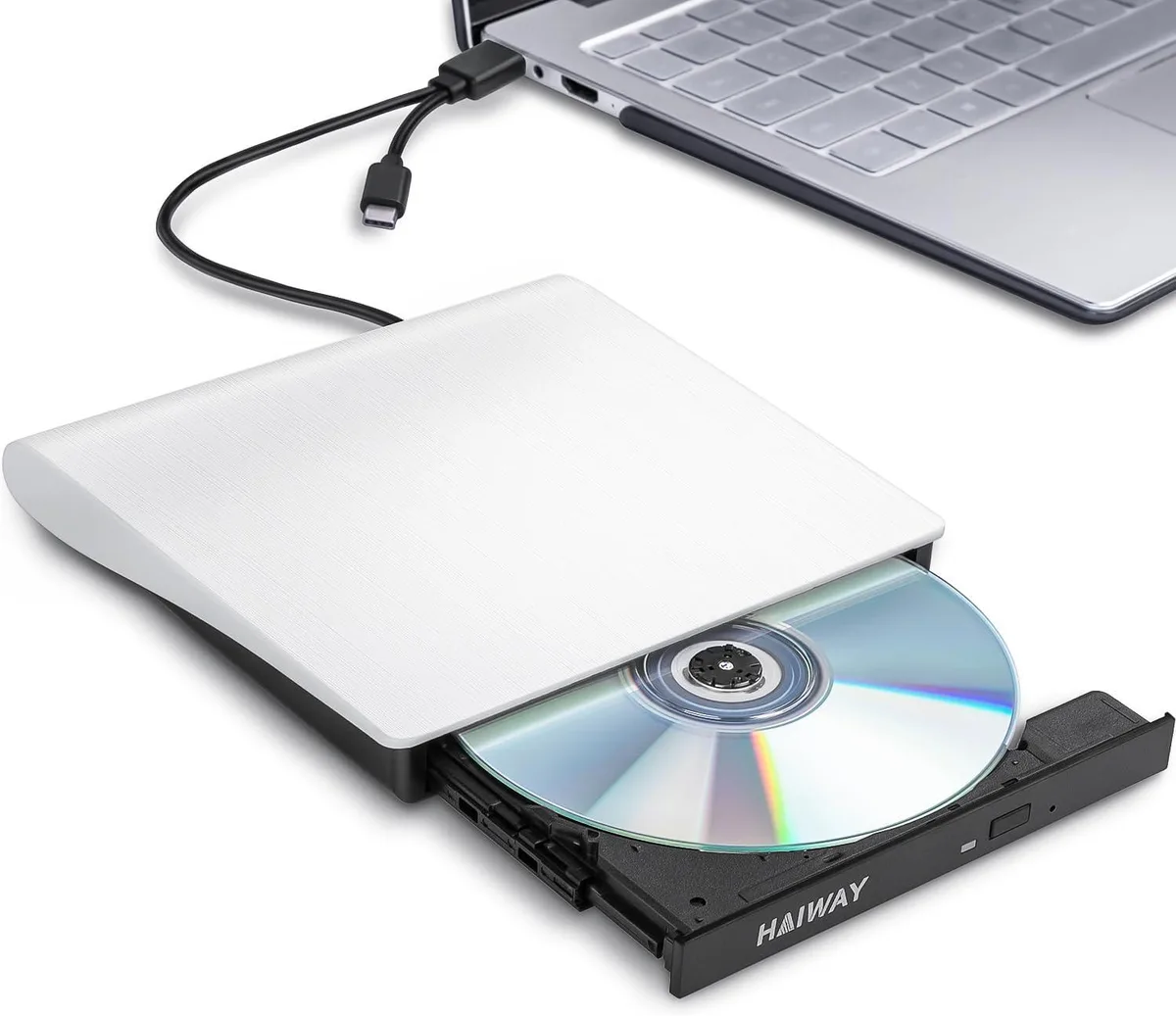 Slim white external optical drive with USB-C cable