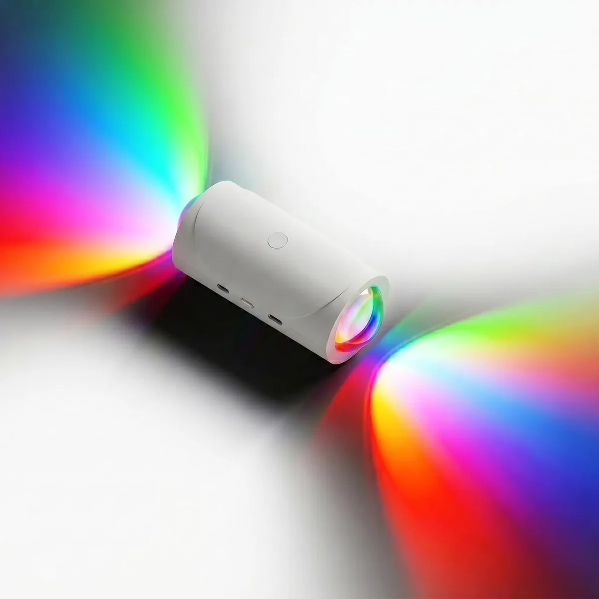 Small white acrylic cube with clear prismatic face, USB-C rechargeable, magnetic wall mount