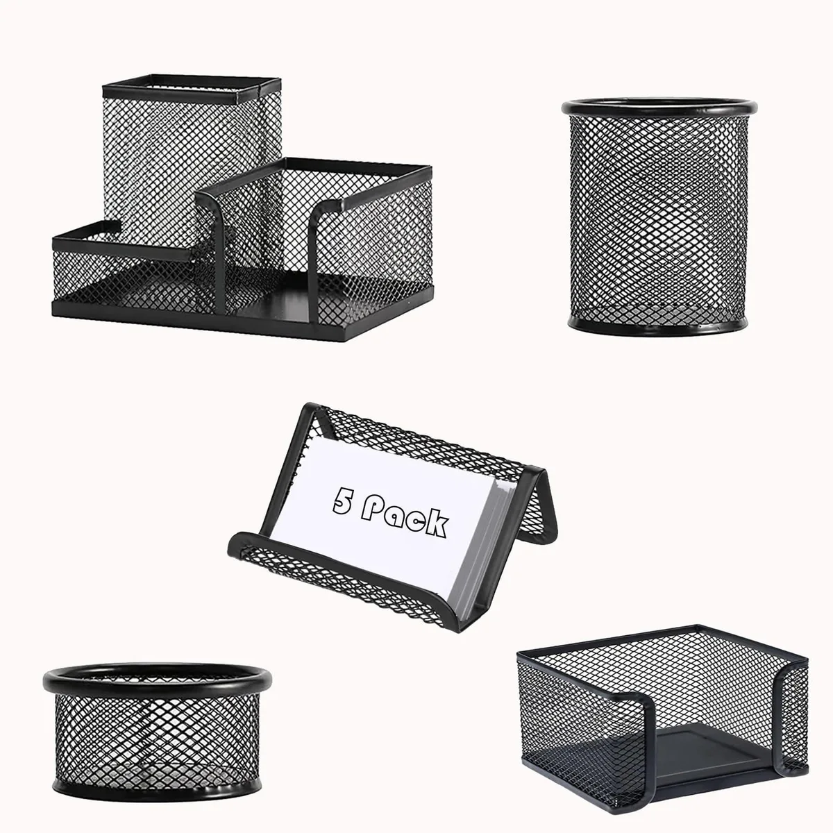 Black metal mesh desk organizer set, five pieces including pen holders, clip cylinder, sticky note box and card stand