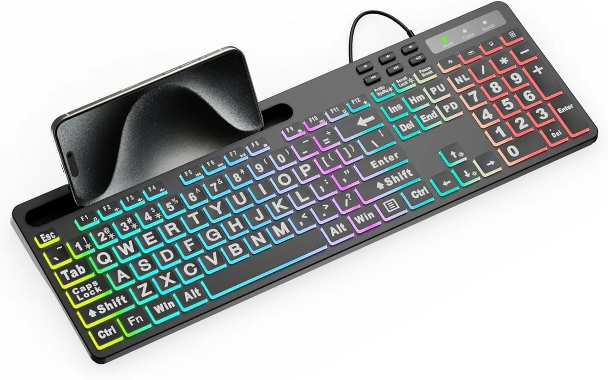 TUKO TUKO WK712 Large-Print RGB Gaming Keyboard 7 Colours 11 Modes 8.3" Holder — product photo