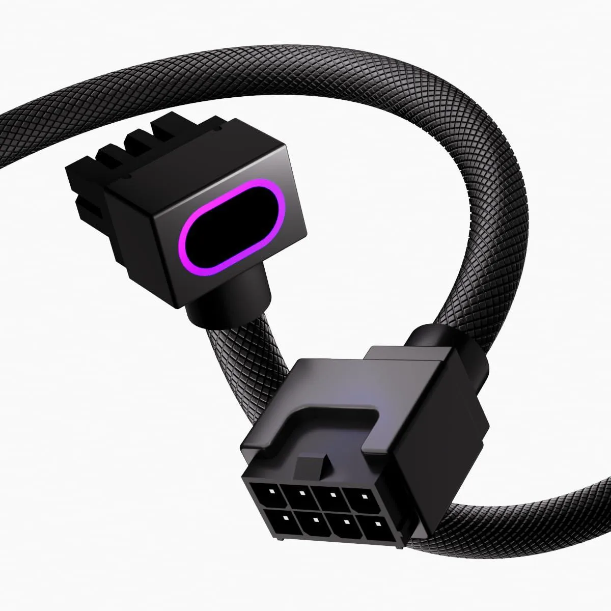 Black 8-pin CPU extension cable with ARGB lighting and 90-degree connector, 30cm length