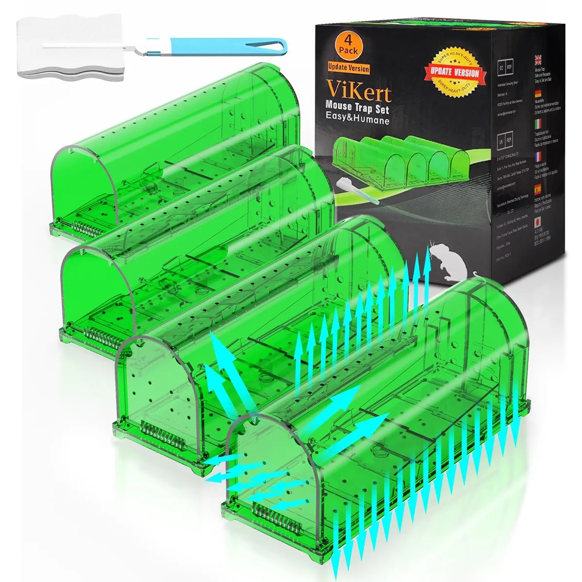 Four-pack of small rectangular live-catch mouse traps, light grey ABS plastic with many ventilation holes