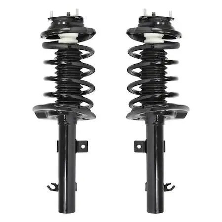 Two silver strut assemblies with coil springs and top mounts, new in box