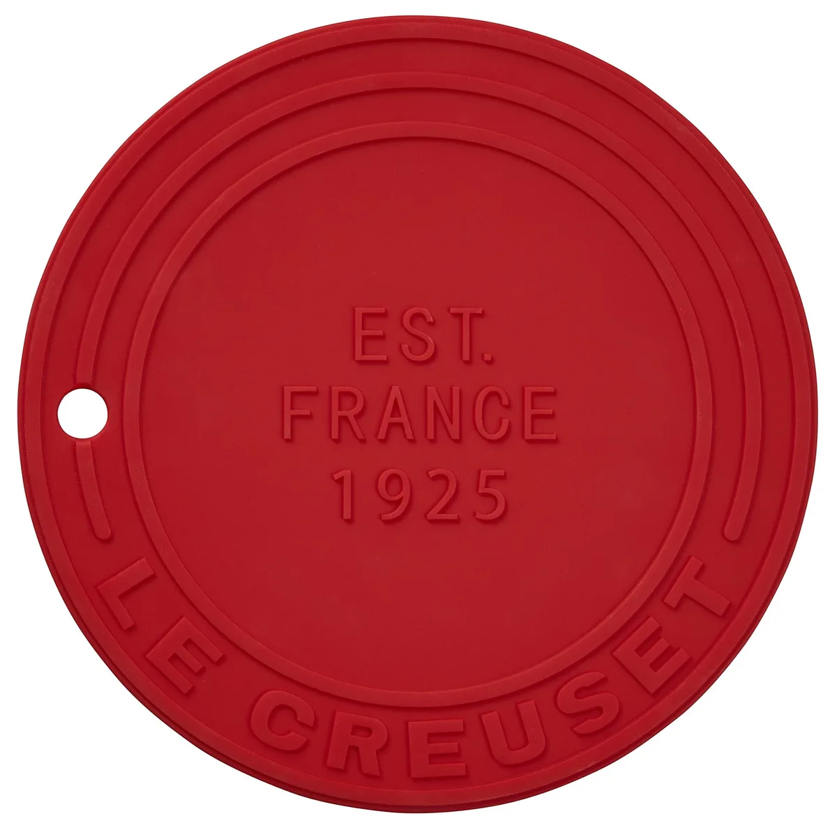 Red silicone trivet with hole for hanging