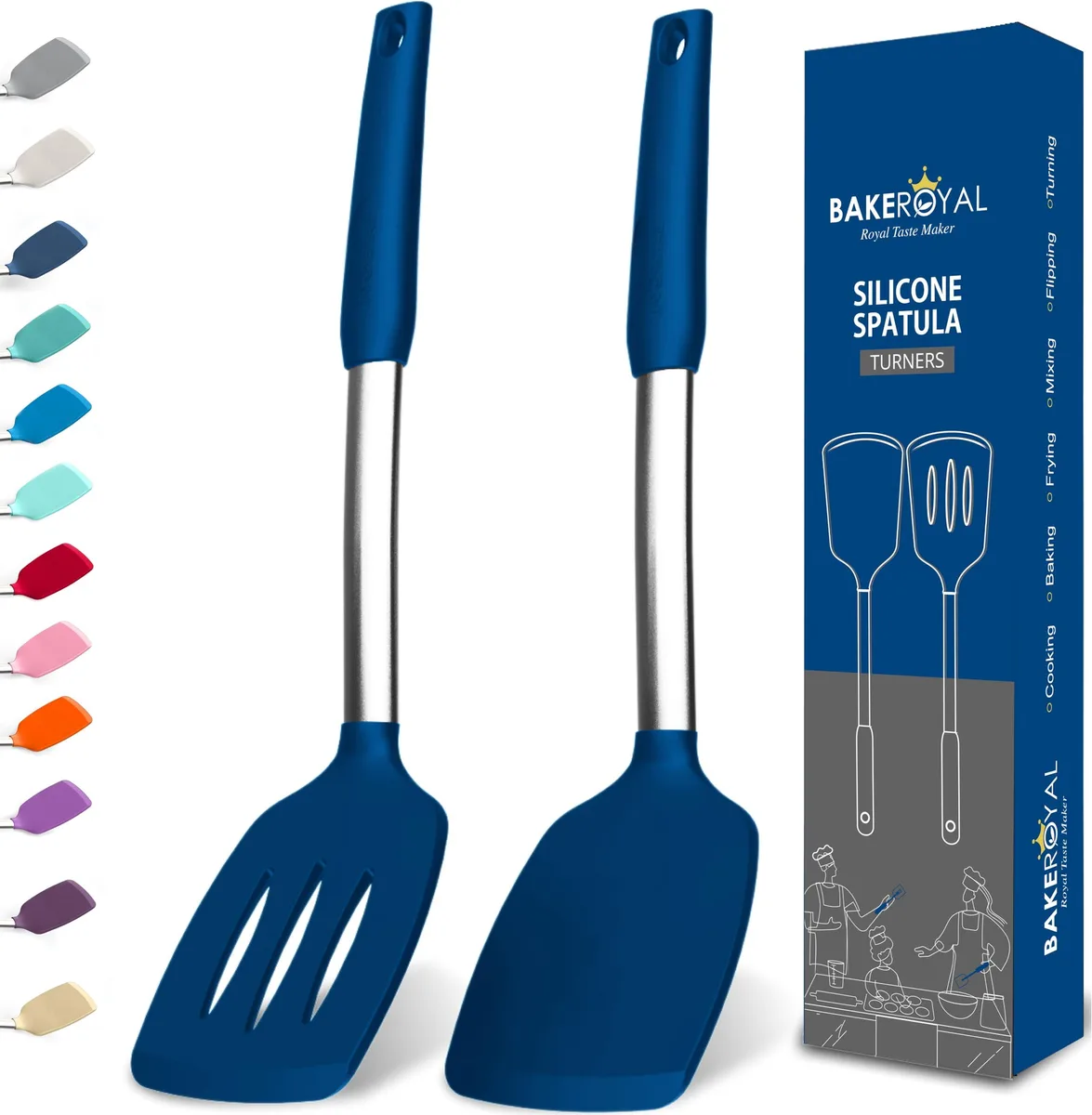Two royal-blue silicone turner spatulas, one slotted one solid, with soft-grip handles