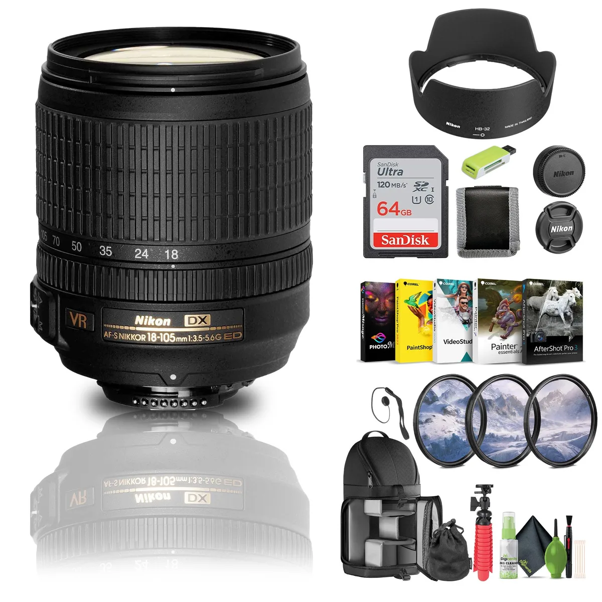 Nikon Inc Nikon AF-S DX NIKKOR 18-105mm f/3.5-5.6G ED VR camera lens with 64GB memory card bundle — product photo