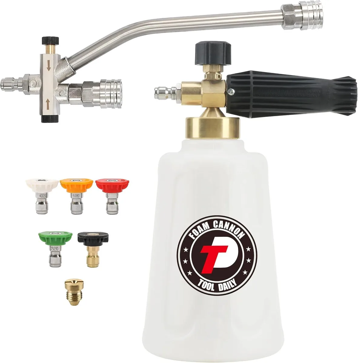 Foam cannon with dual connector, wide-mouth bottle, five nozzles, 1/4 inch quick connect, 3600 PSI rating