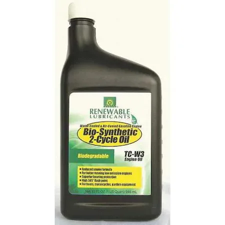 Blue 1-quart bottle of Renewable Lubricants 2-cycle bio-synthetic engine oil