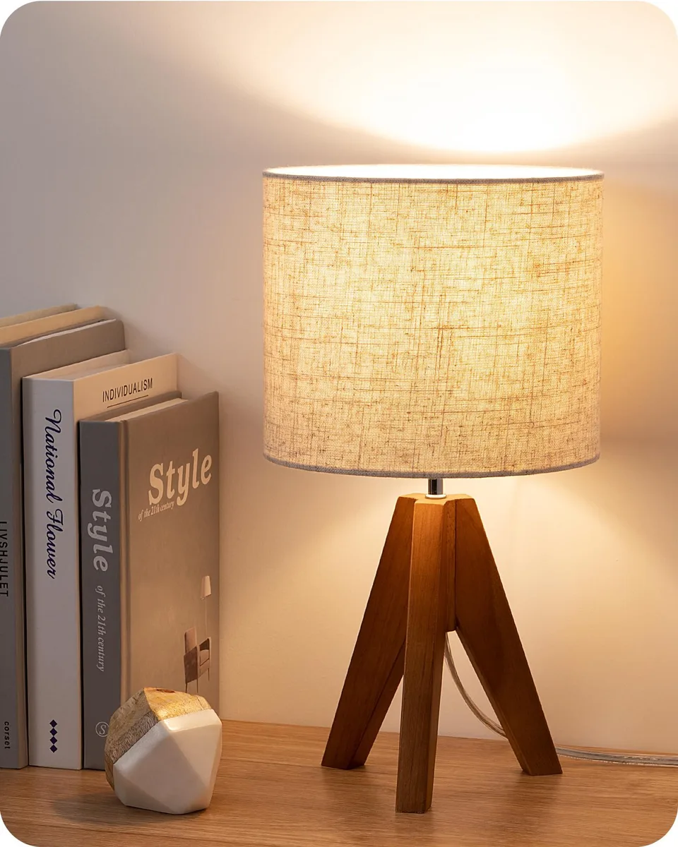Small wooden tripod table lamp with beige linen rectangular shade 14.2 inch high E26 socket 7.5W