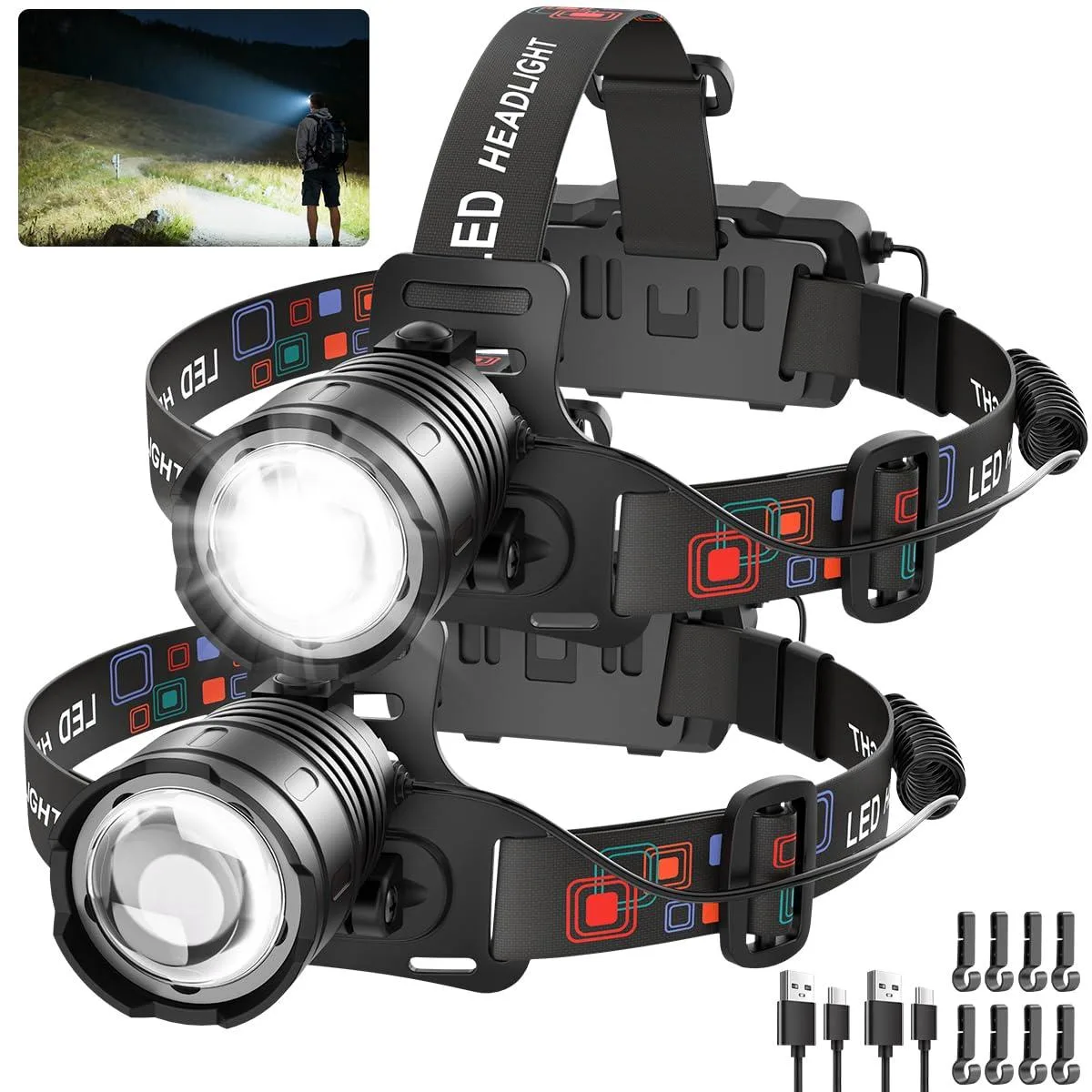 Two black aluminium headlamps with rotatable heads and adjustable straps