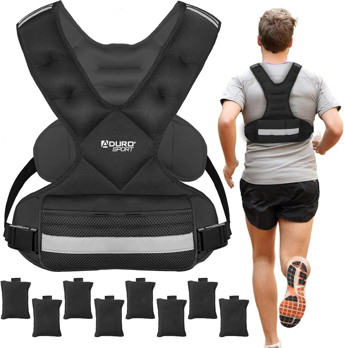 Black neoprene weighted vest with front Velcro pocket and adjustable straps