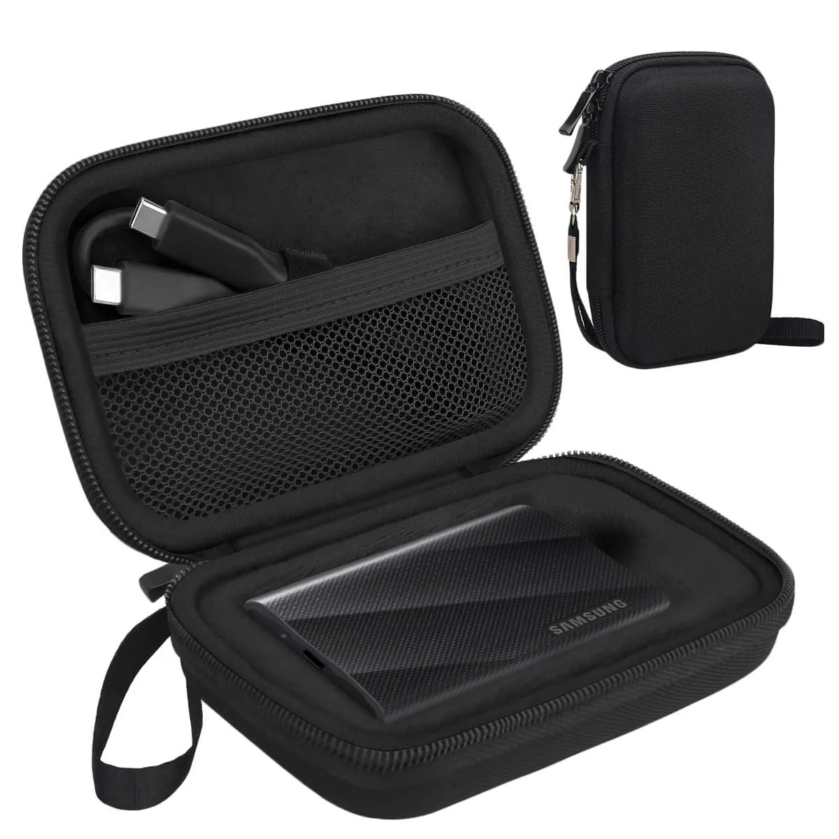 Black hard-shell EVA carrying case for Samsung T9 SSD with mesh pocket and lanyard